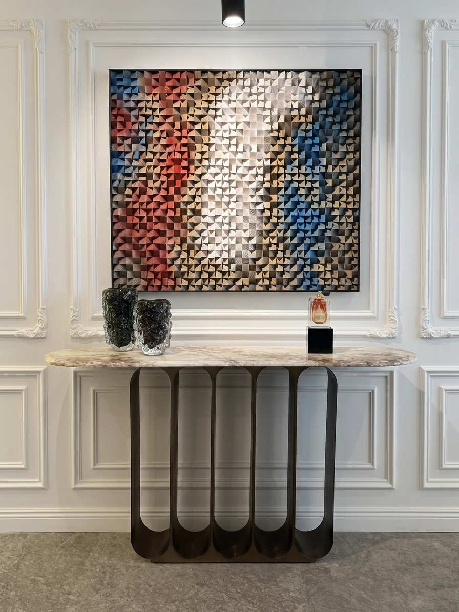 Console marbre base anneaux ovales bronze