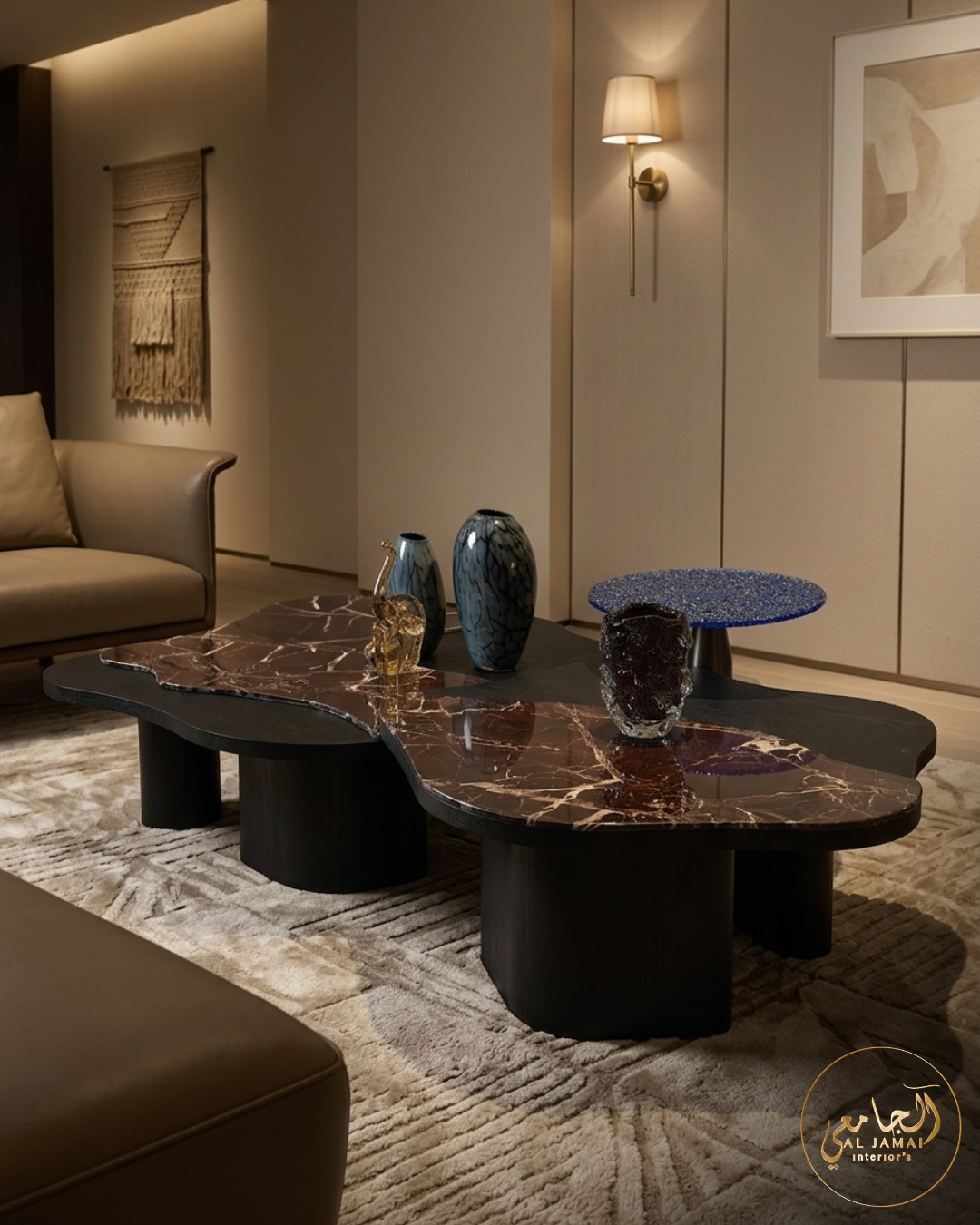 Tables basses nuage marbre rouge pied bois noir