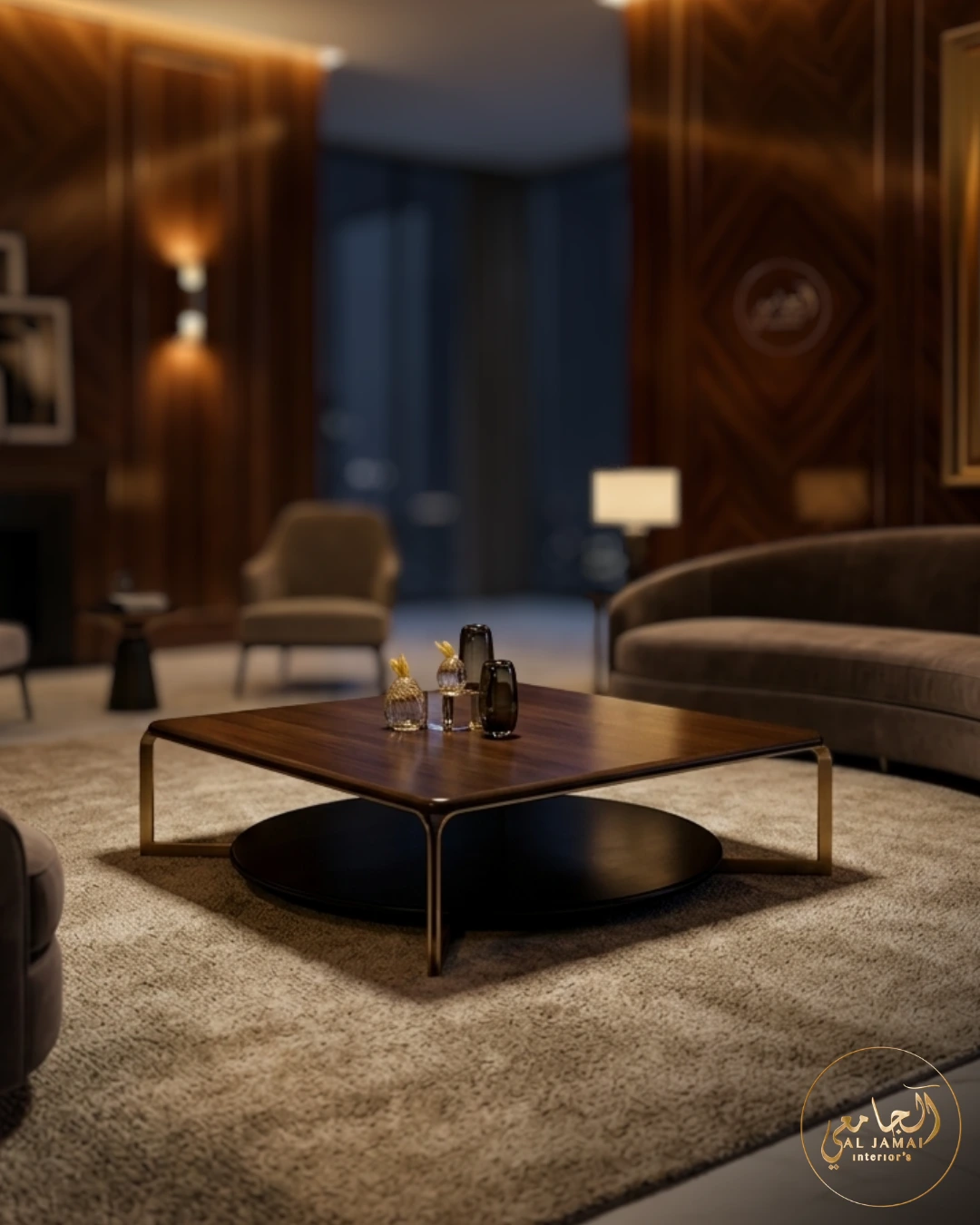 Table basse cubique noire détails dorés