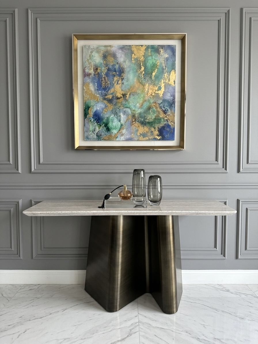 Console travertin pied sculptural bronze