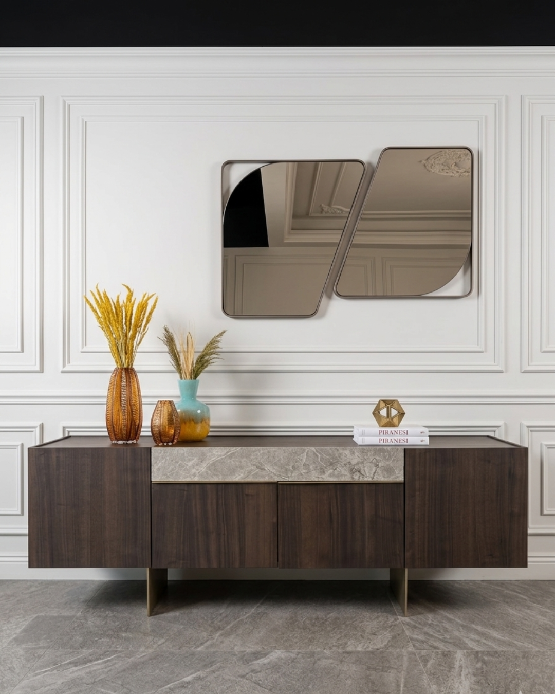 Buffet bois foncé panneau marbre