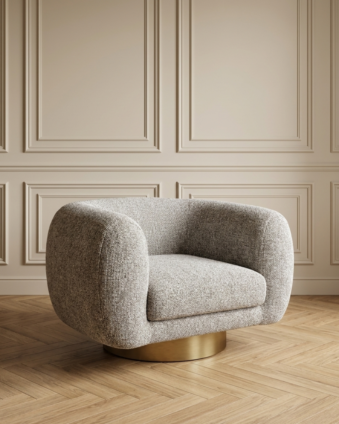 Fauteuil arrondi bouclé base dorée