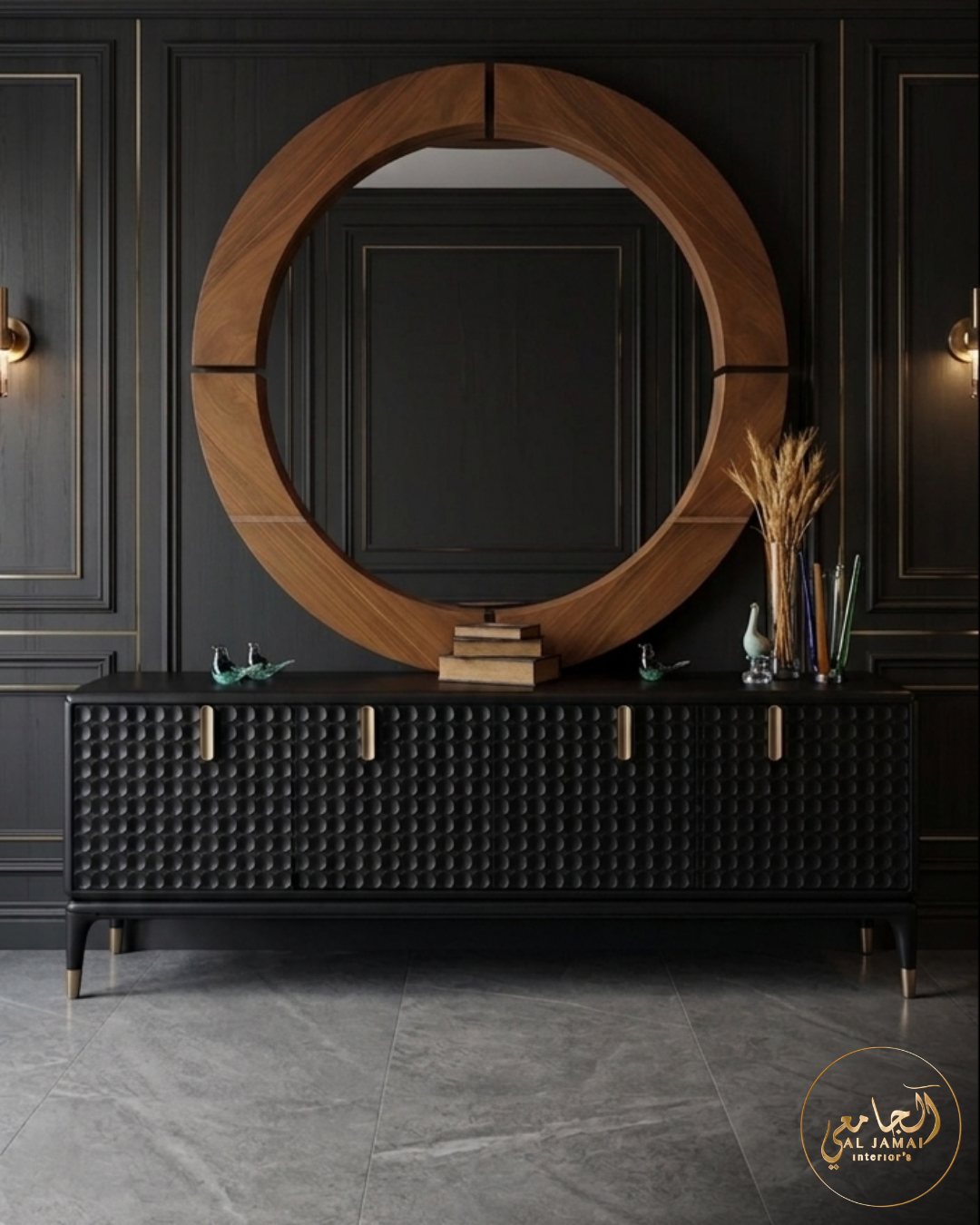 Buffet noir texturé miroir rond bois