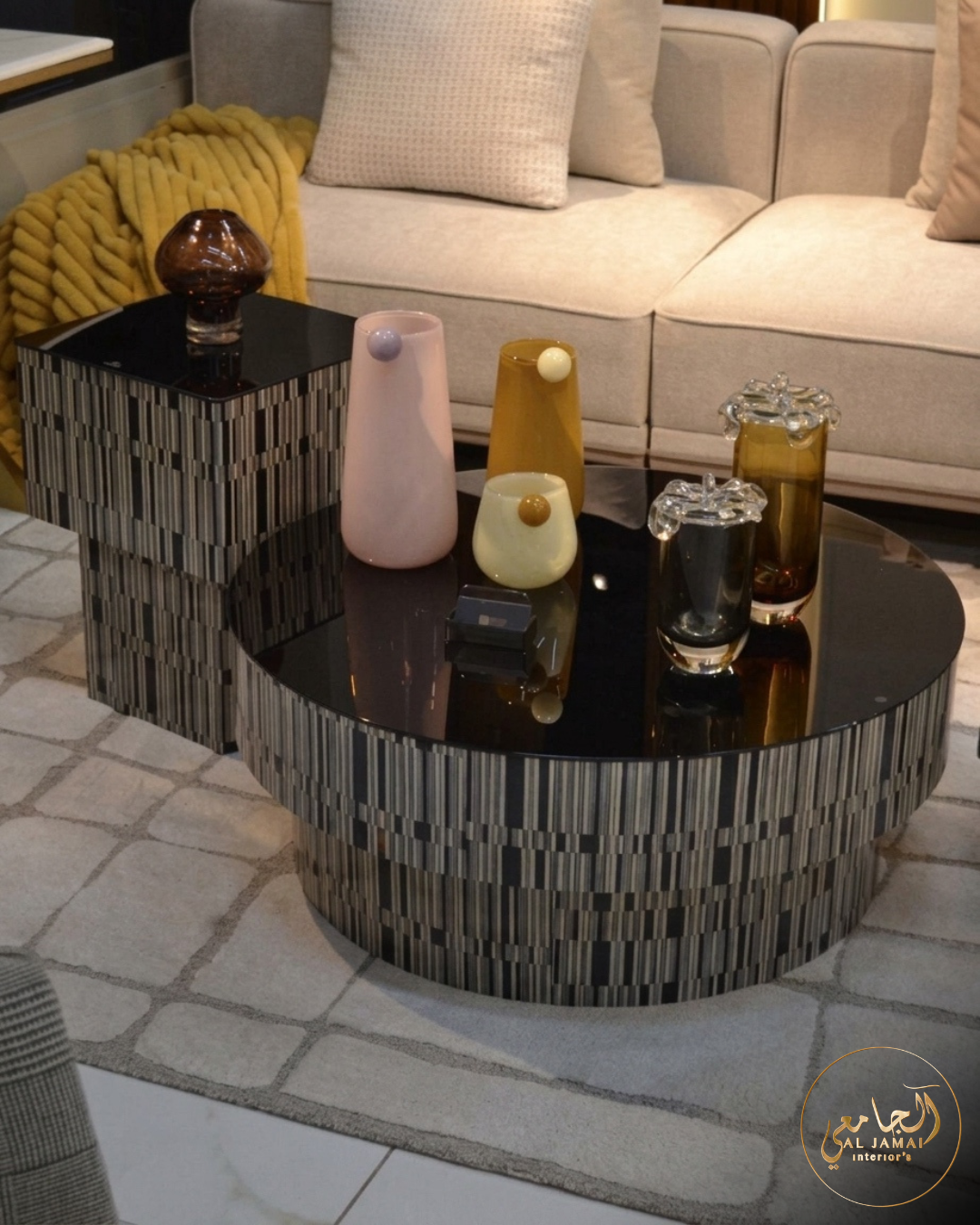 Table basse ronde mosaïque rayée