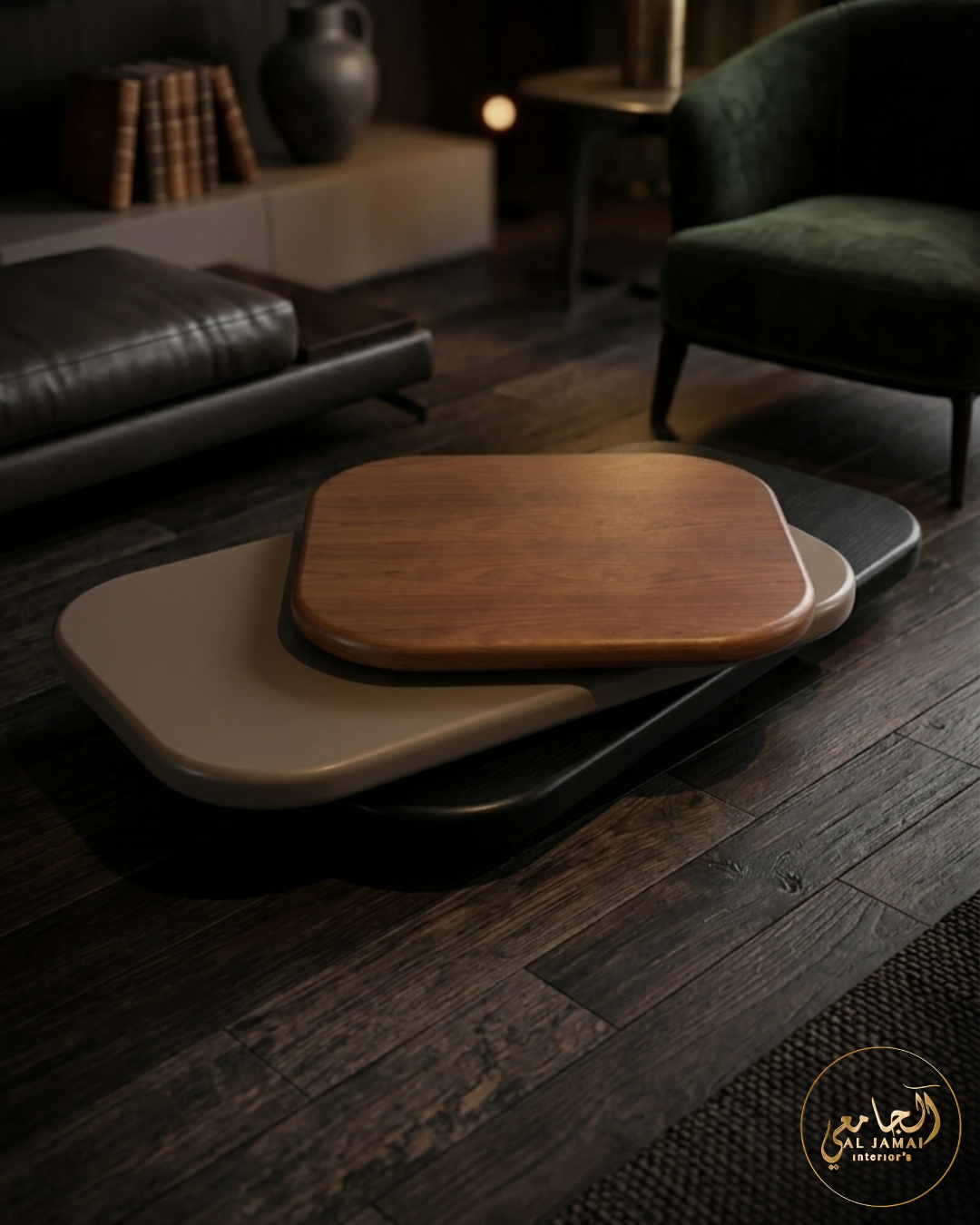 Tables basses gigognes plateaux arrondis noyer taupe noir