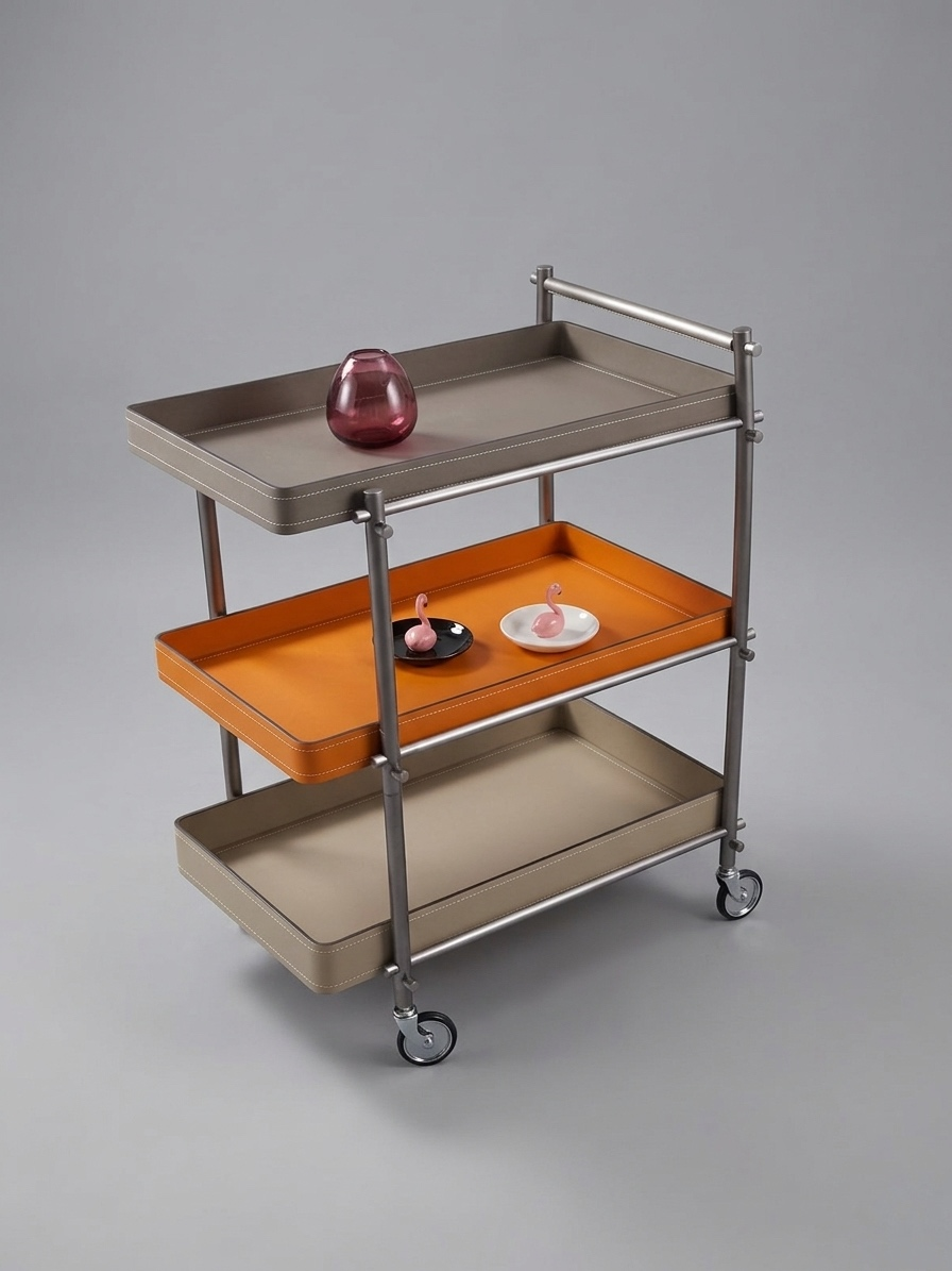 Chariot pliant trois plateaux cuir taupe et orange