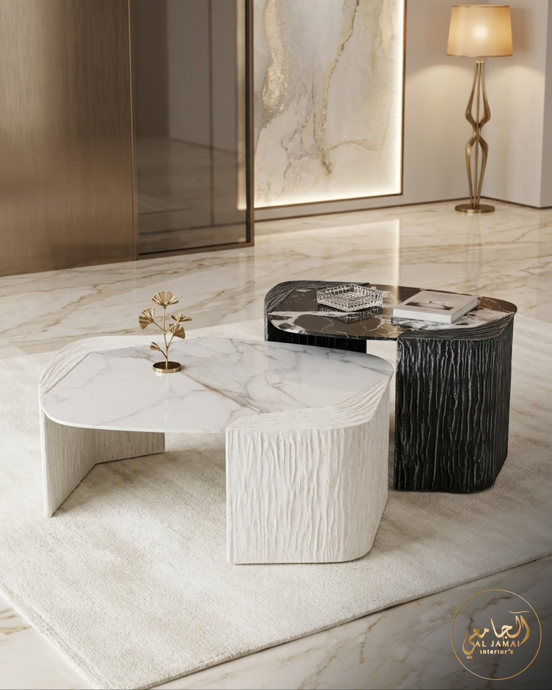 Tables basses gigognes galet marbre socle bois texturé